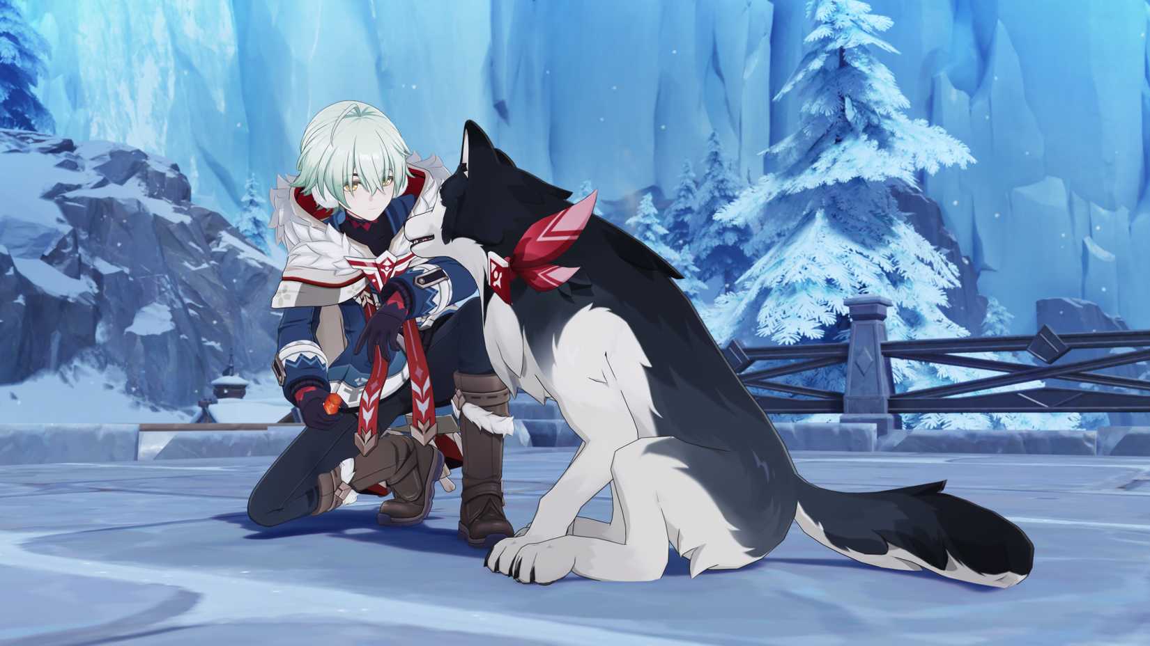 Genshin Impact's Alyosha kneels next to his dog, Tugarin, in the Snezhnayan snowlands.