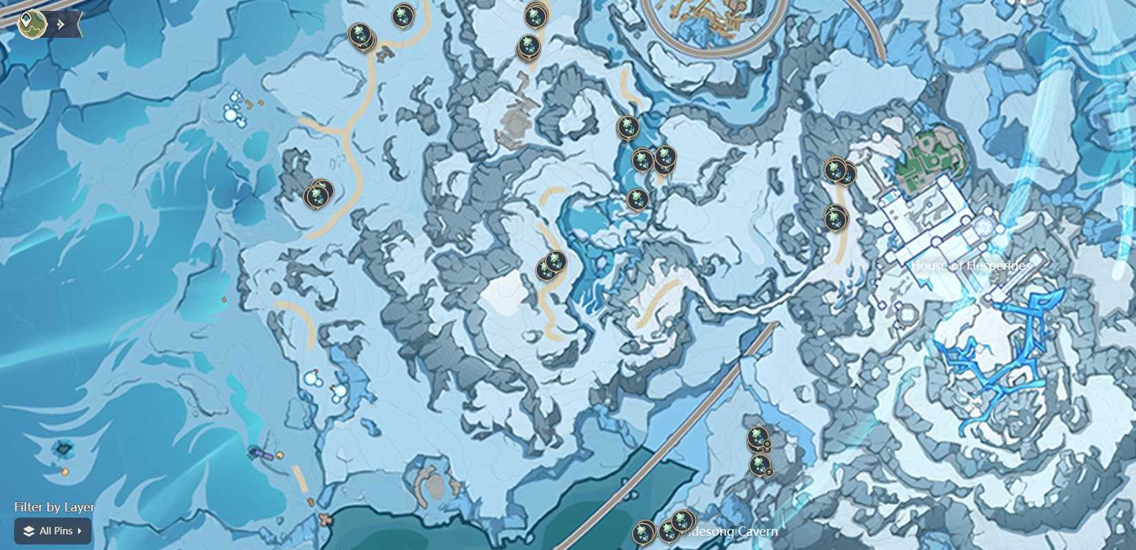 Flockingweed locations are highlighted on the Genshin Impact map.