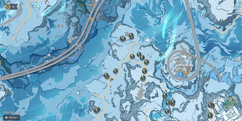 Flockingweed locations are highlighted on the Genshin Impact map.