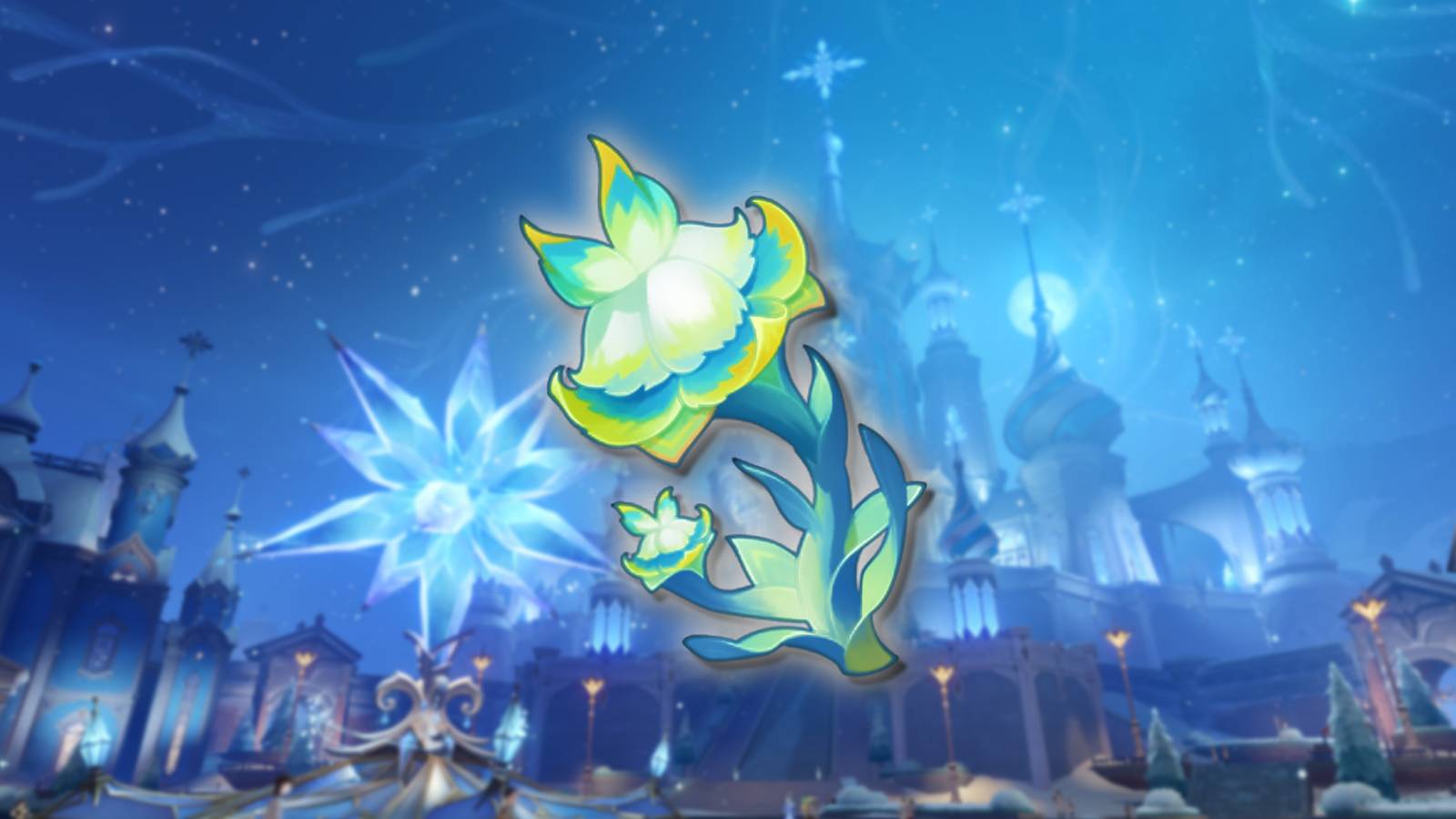 A Flockingweed from Genshin Impact is superimposed over the image of a castle in Snezhnaya.