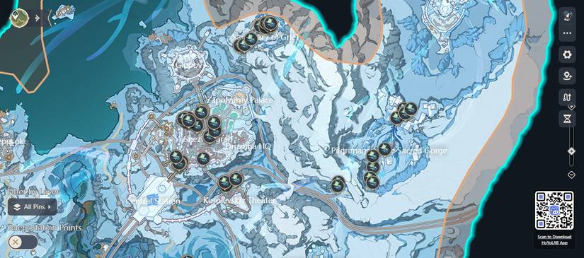 Frostfairy Flower locations on the Snezhnaya map in Genshin Impact.