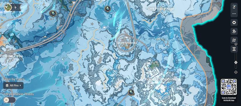 Frostfairy Flower locations on the Snezhnaya map in Genshin Impact.
