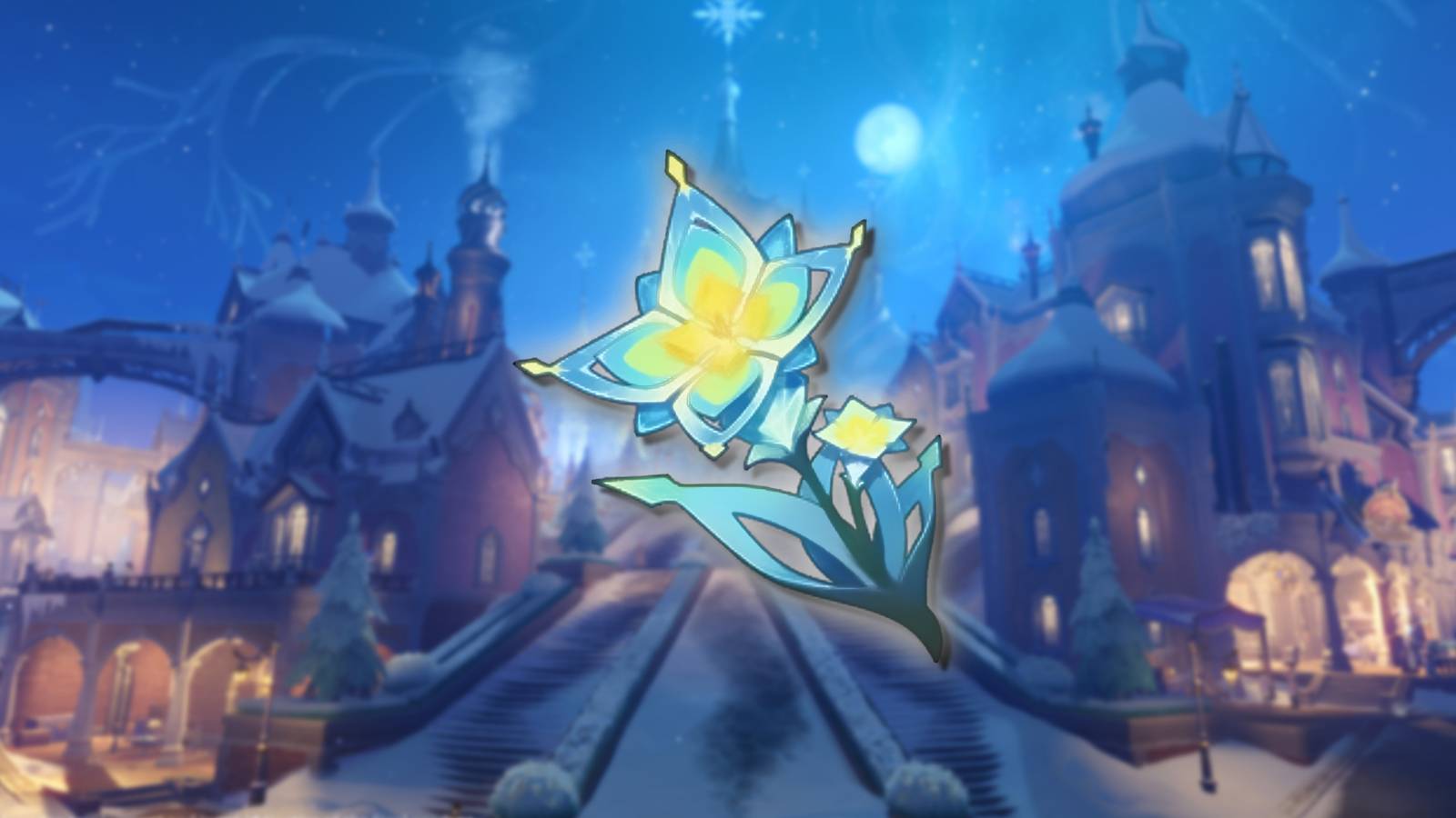 A Frostfairy Flower from Genshin Impact is superimposed over an image of the streets in Snezhnograd.