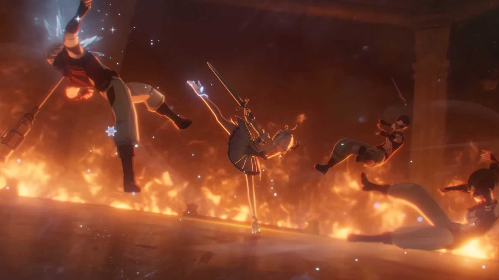 Genshin Impact's Odette attacks three Fatui in an arena surrounded by flames.