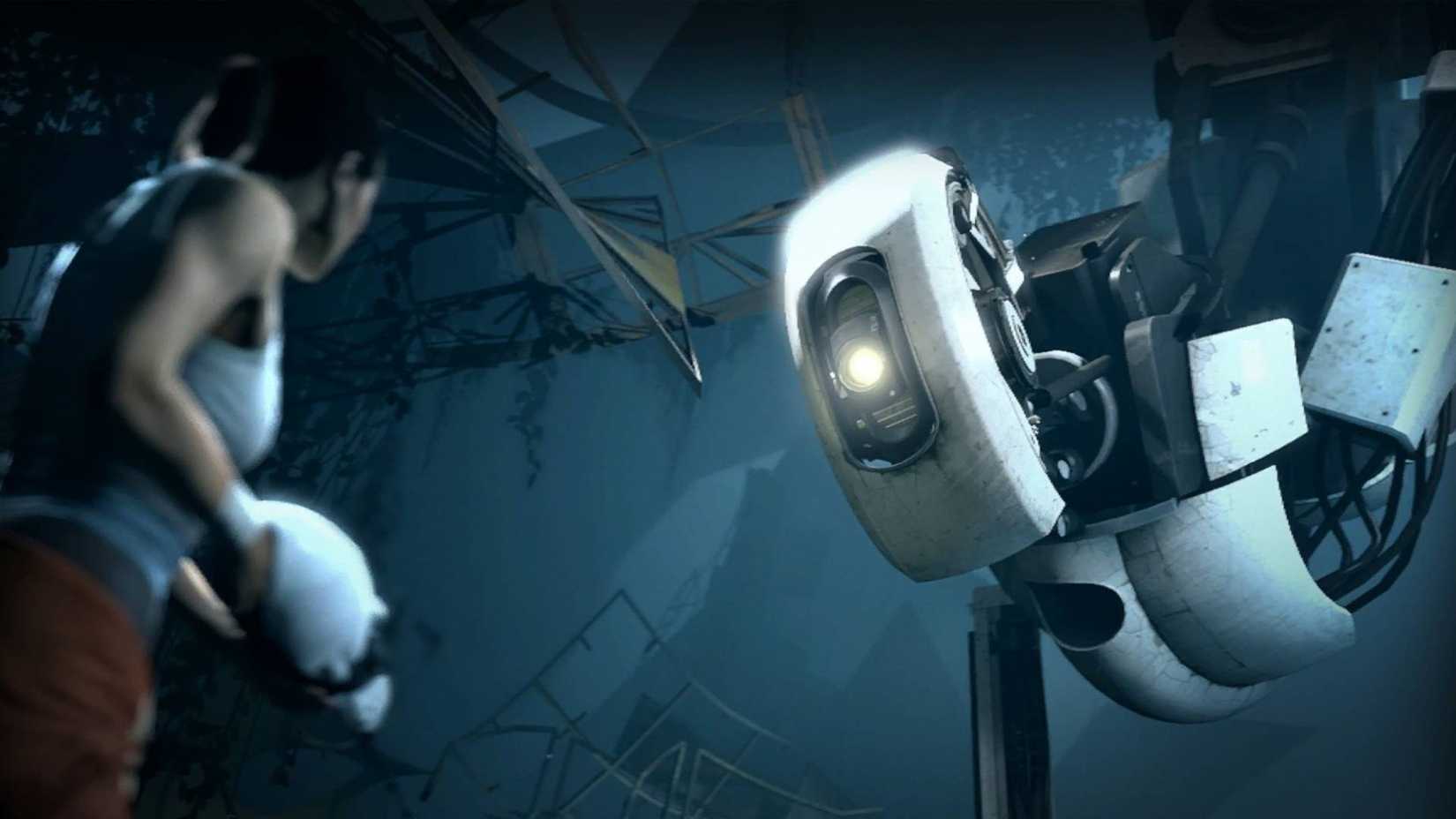 Chell looking at GLaDOS in Portal 2.