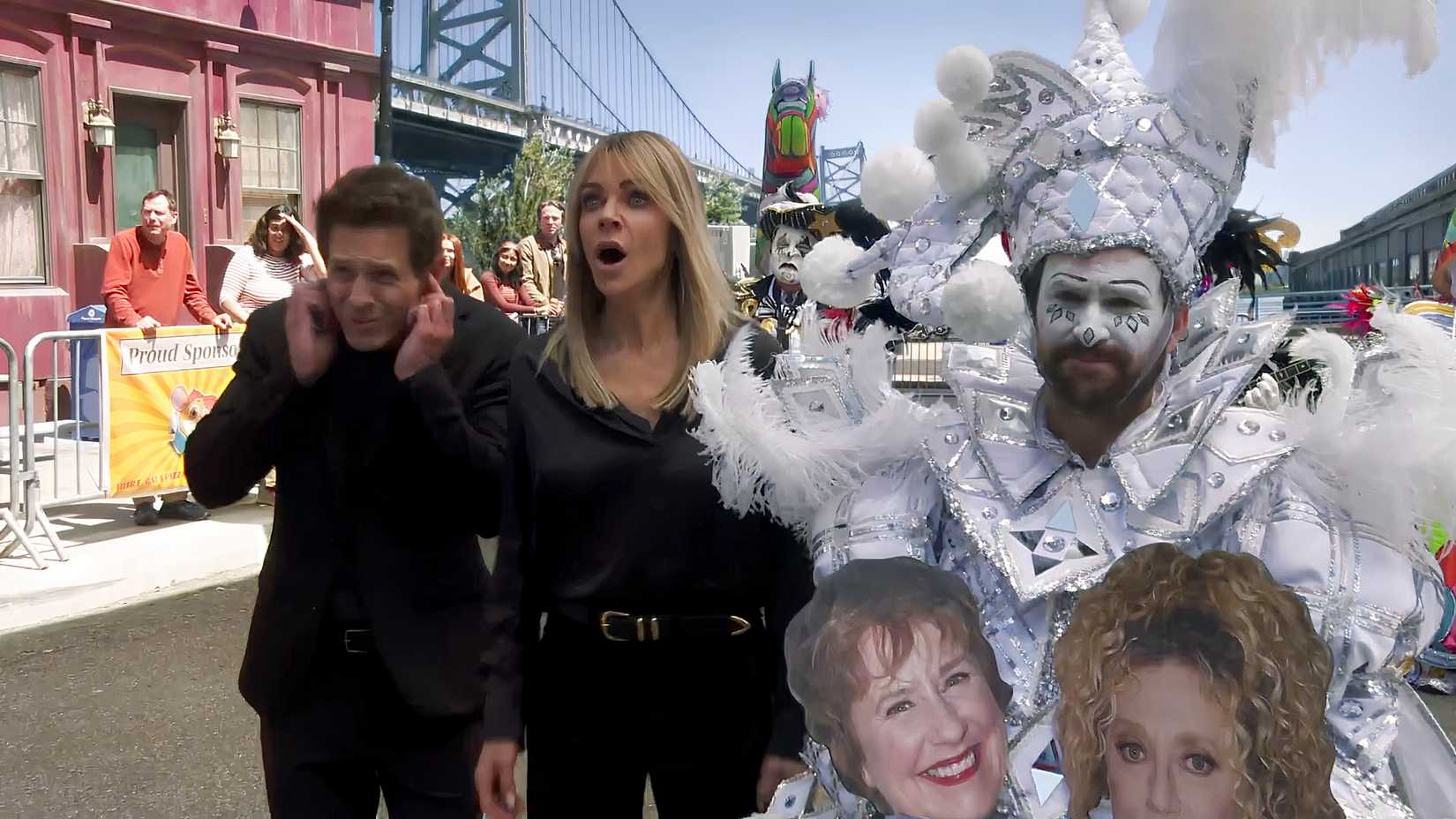 Glenn Howerton's Dennis covering his ears, Kaitlin Olson's Dee looking shocked and Charlie Day's Charlie in a white-silver costume in It's Always Sunny in Philadelphia season 18