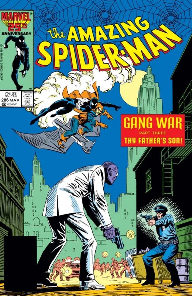The cover of Amazing Spider-Man issue 286 showing the Rose facing off agains a cop as Spider-Man and Hobgoblin fight in the air.
