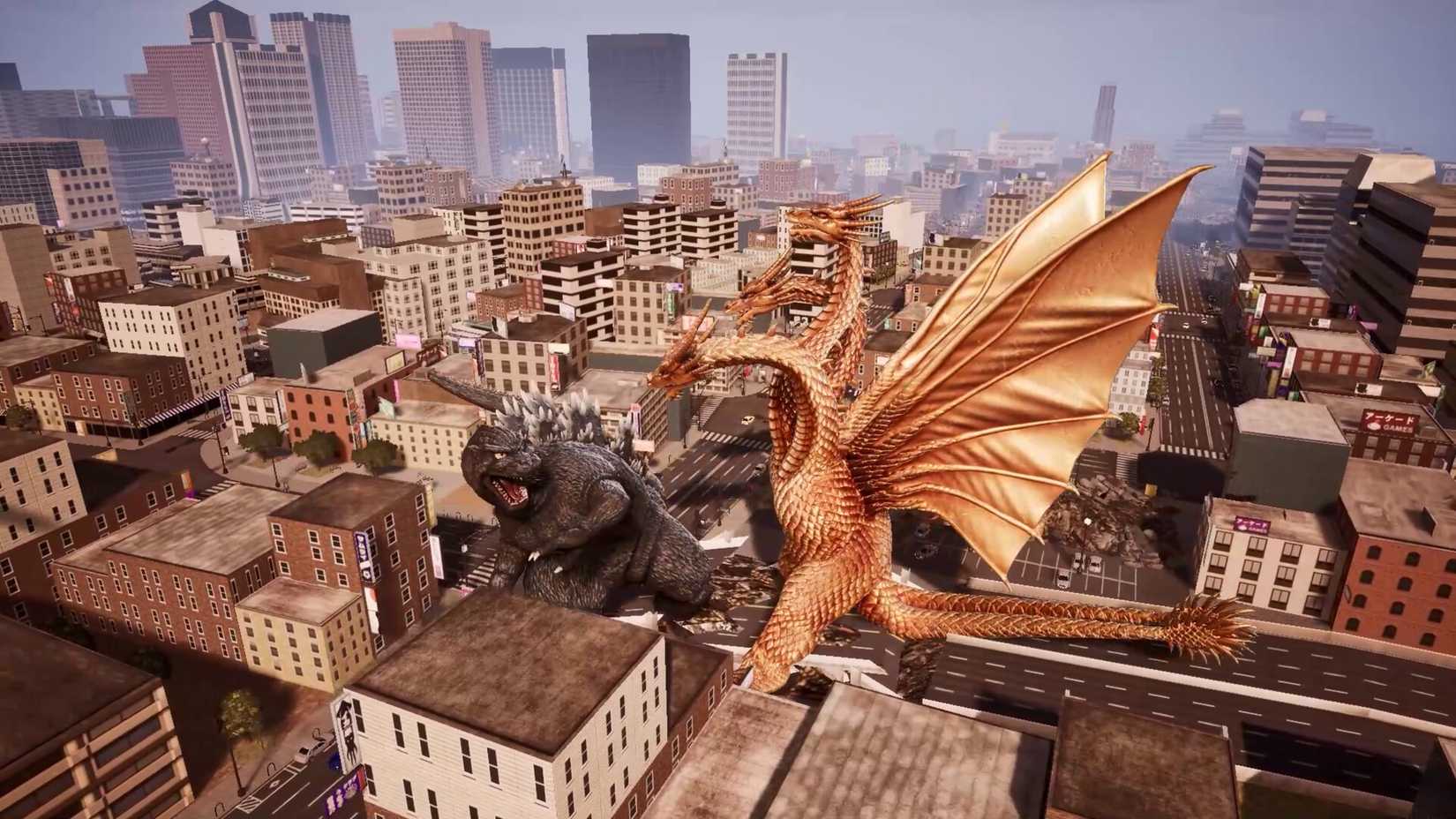 Godzilla fighting KING GHIDORAH in Godzilla Destroy All Monsters Melee Remastered.