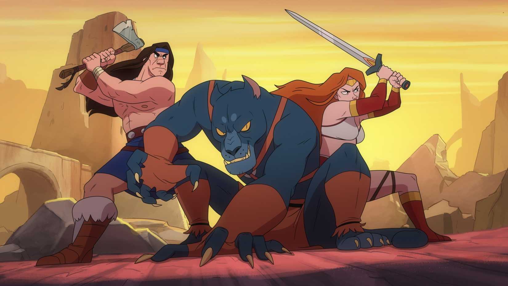 Ax Battler, Tyris Flare, and Chronos “Evil” Lait posed for battle in the animated series Golden Axe