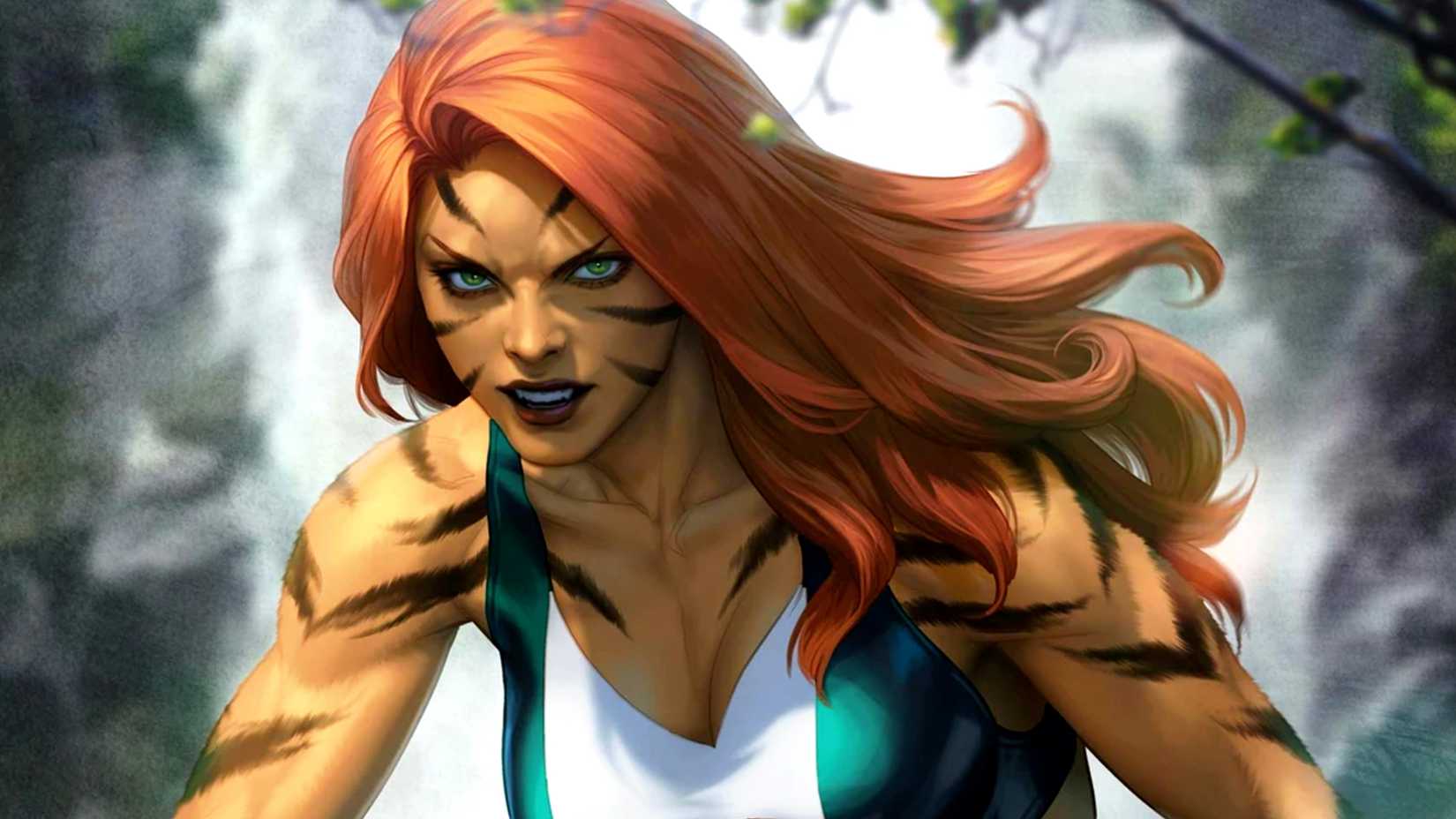 Greer Nelson aka Tigra fights next to a waterfall in Marvel Comics
