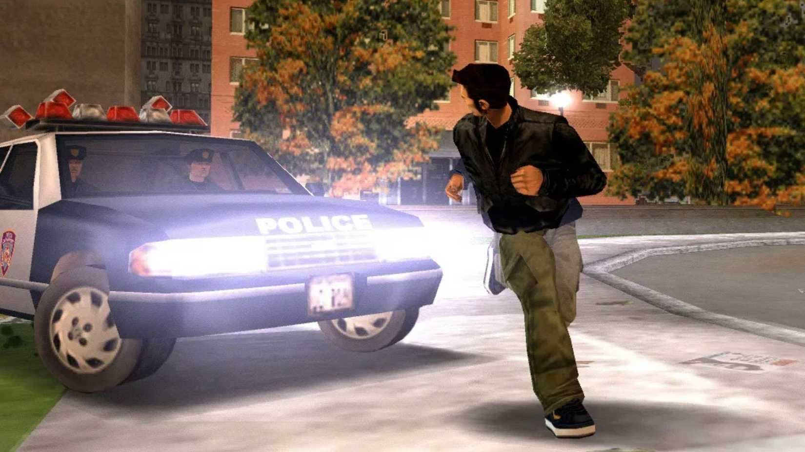Claude running away from a police car in GTA 3.