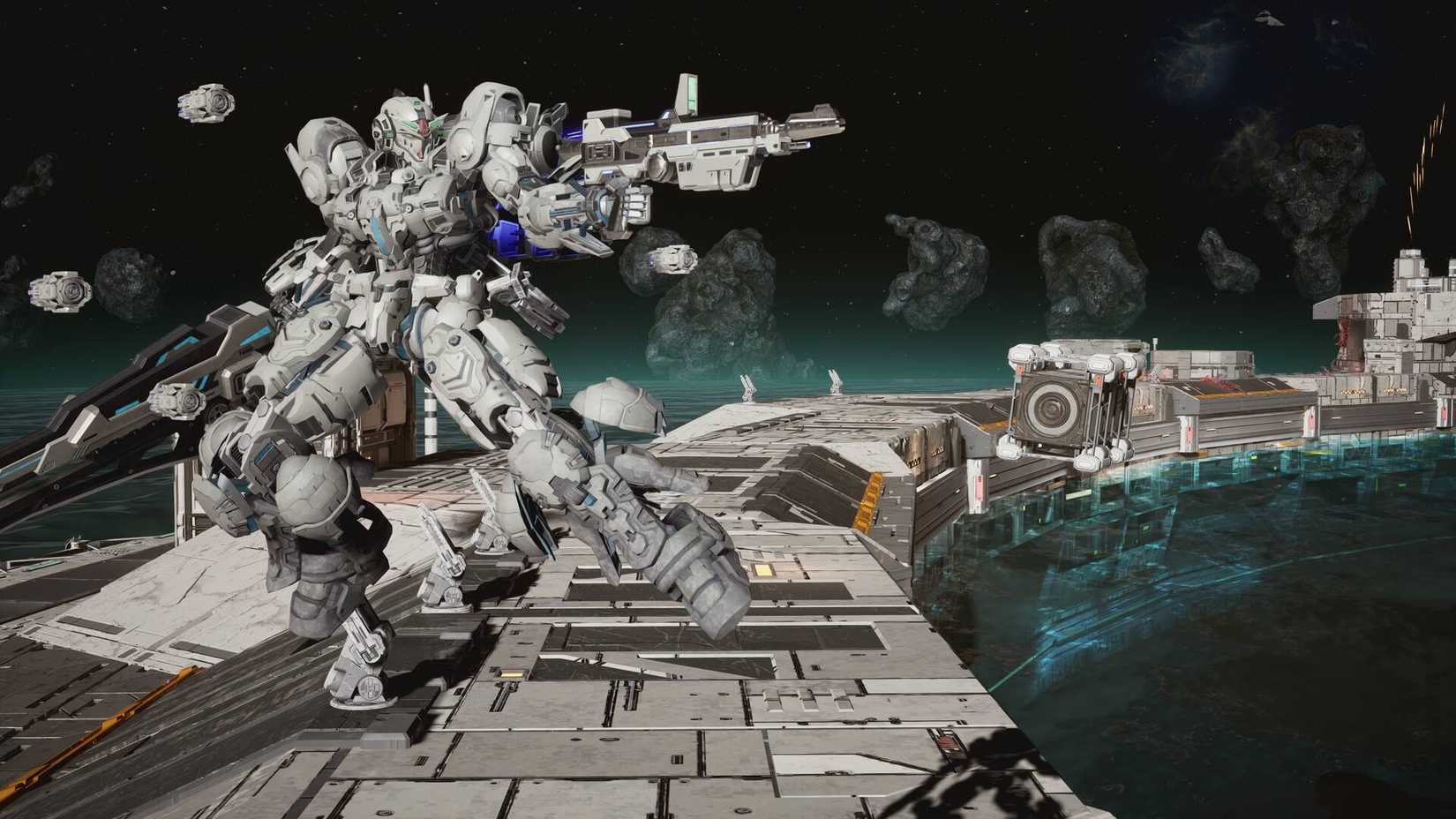 A mech holding a rifle in space in Gundam: Rogue Orbit.