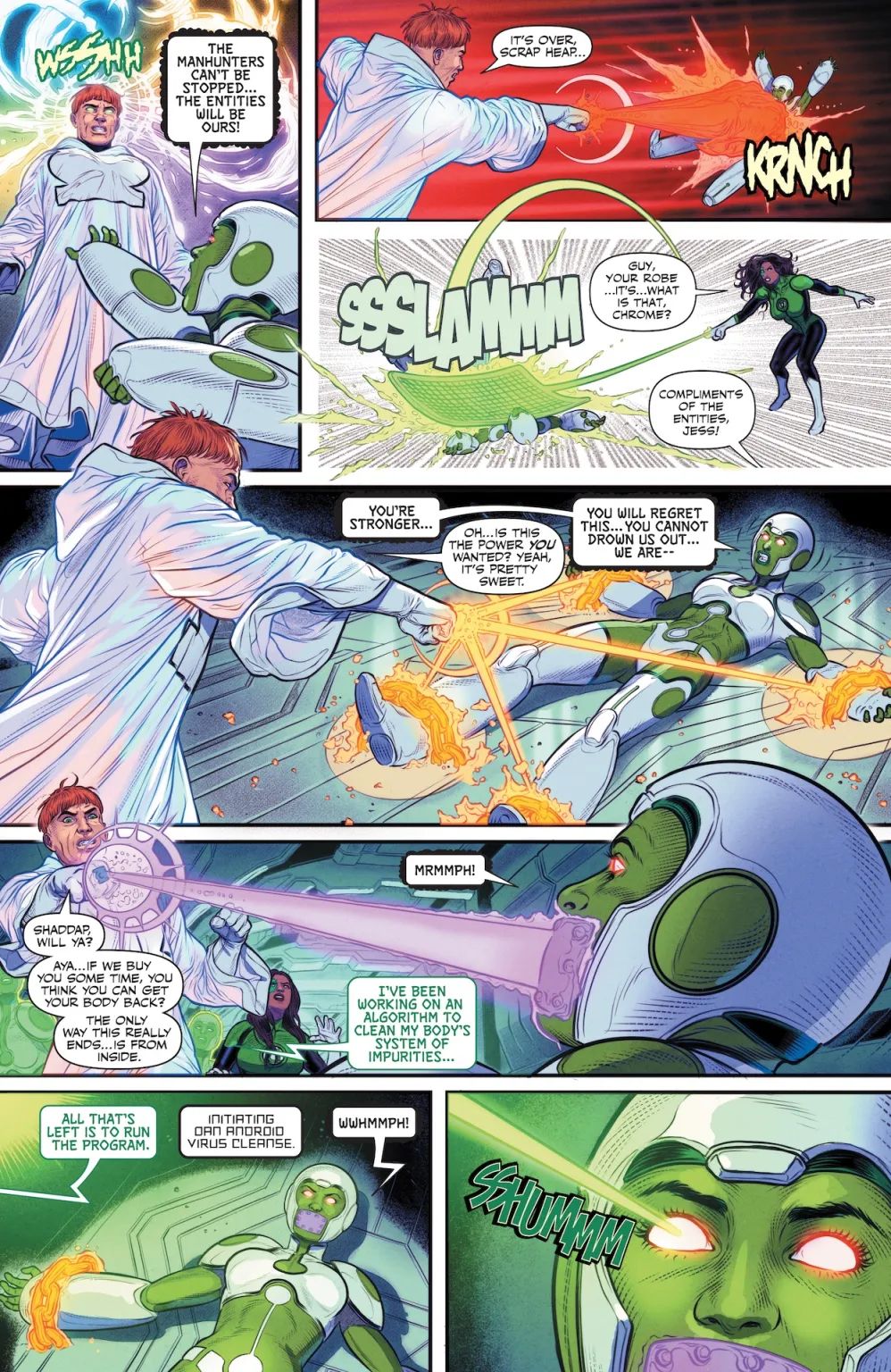 Guy Gardner fights the Manhunters as the Chrome Allsight in Green Lantern Corps #19