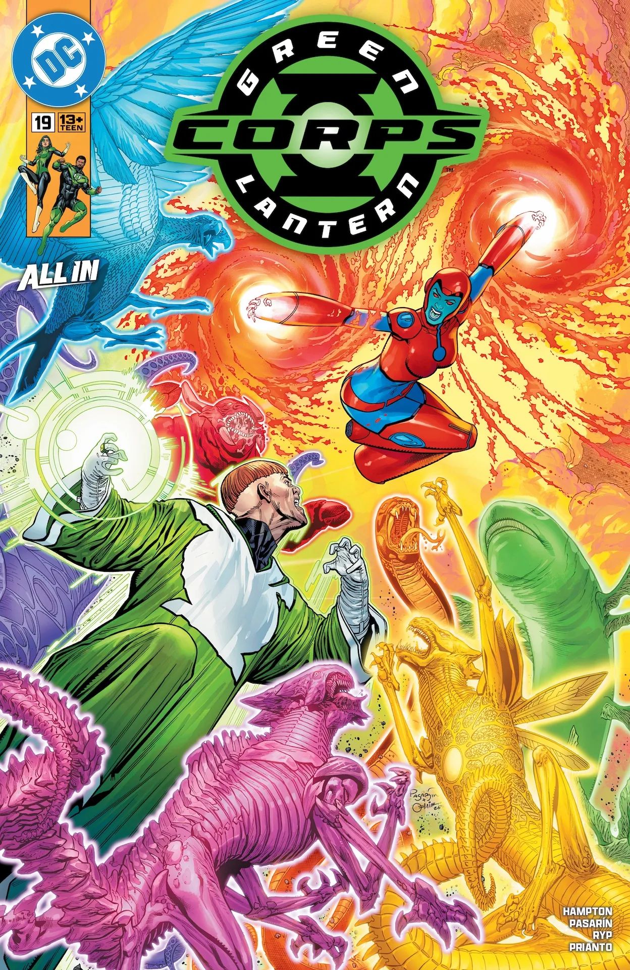 Guy Gardner fights the Manhunters with the Emotional Entities in Green Lantern Corps #19