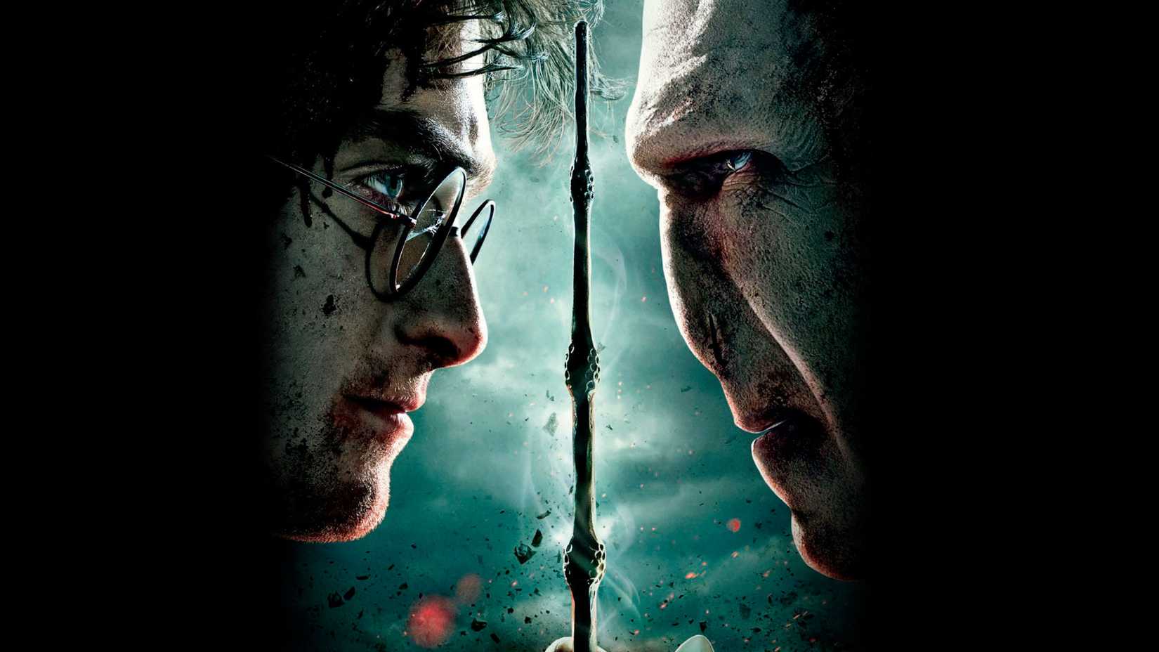 Harry and Voldemort stare at each other with the Elder Wand in Harry Potter and the Dathly Hallows