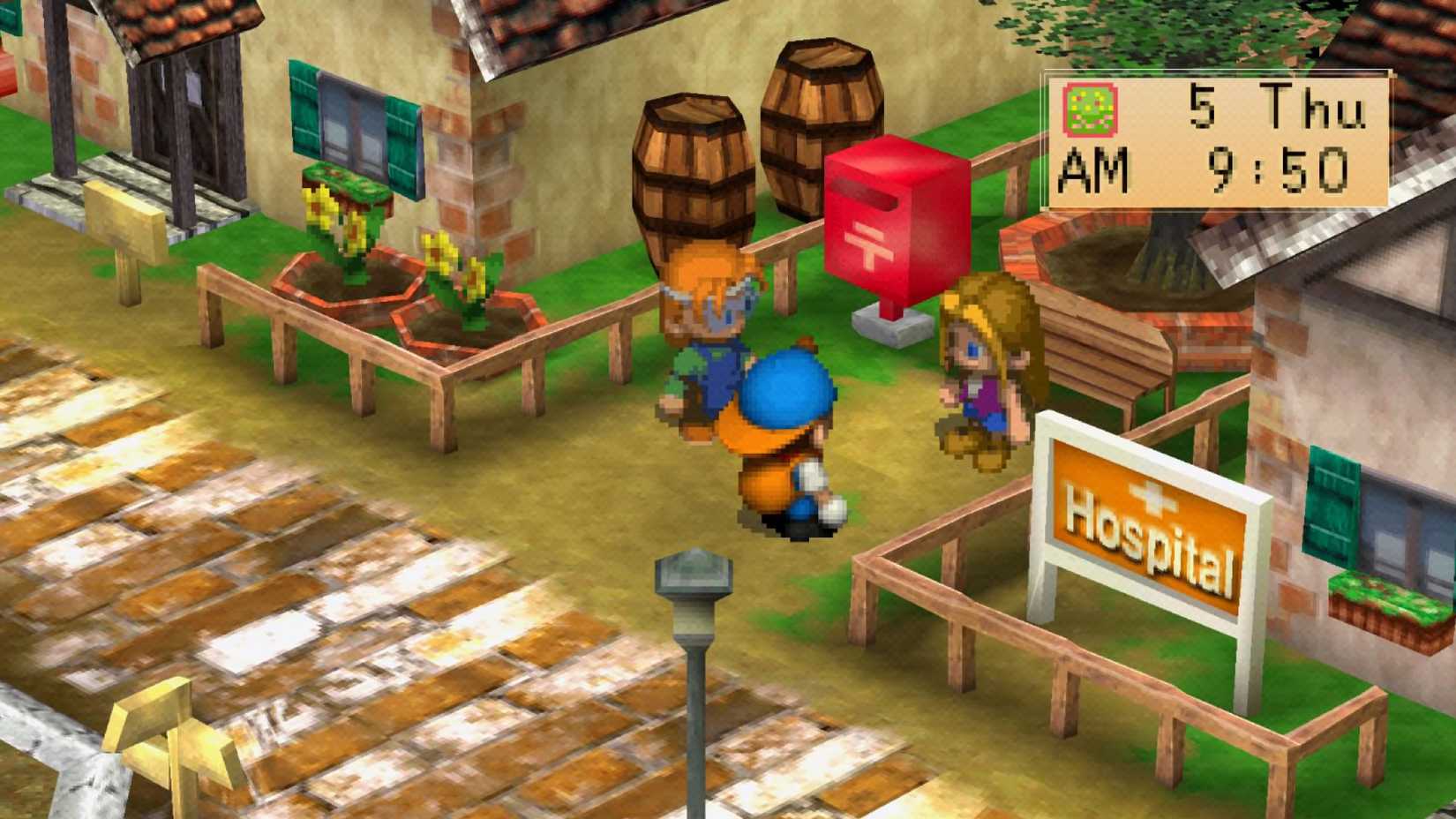 A screenshot of Harvest Moon: Back to Nature gameplay showing Pete talking to townsfolk.