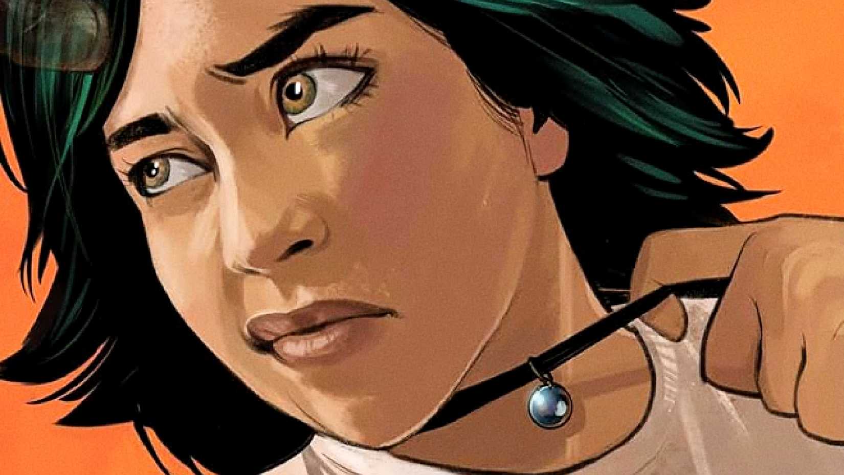 Hazel pulls on her necklace in Saga comic cover