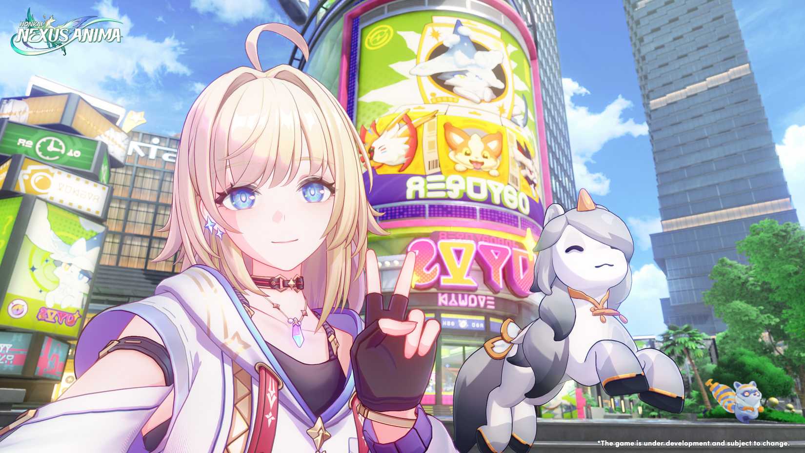 A character poses with their Anima for a selfie in Iia Town in Honkai Nexus Anima.