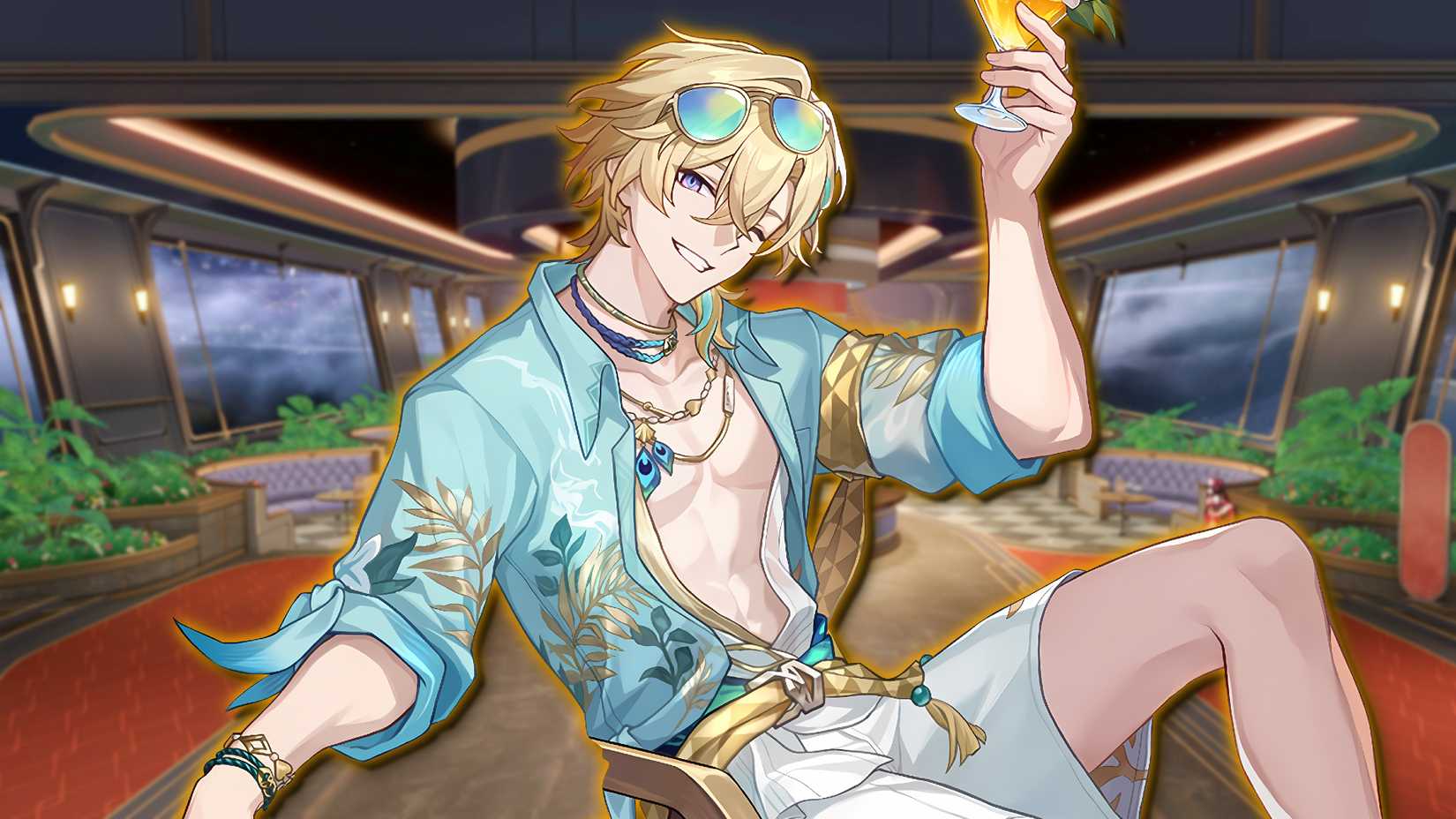 Aventurine Waveflair from Honkai Star Rail smiles and raises a toast in summer clothes.