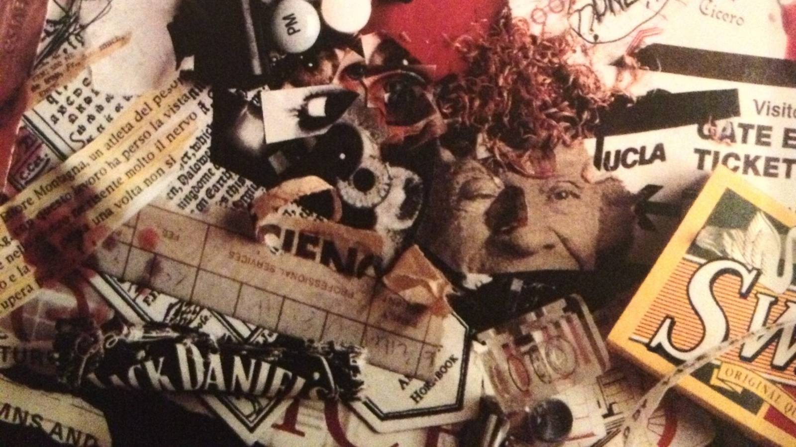 The inside cover of House of Leaves, which is a collage of pills, cutup photos, and strips of text.