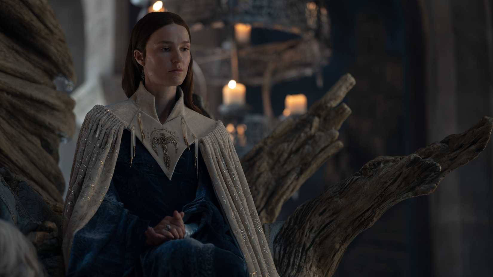 Jeyne Arryn (Amanda Collin) sitting on her throne and looking pensive in House of the Dragon.