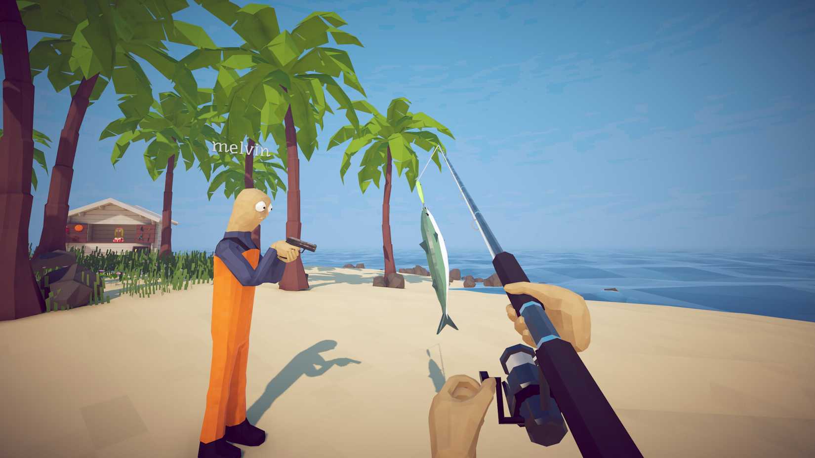 The player holding a fishing rod next to another player holding a gun in How to Fish.