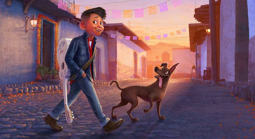 Miguel walking on the street with his dog in Coco 2