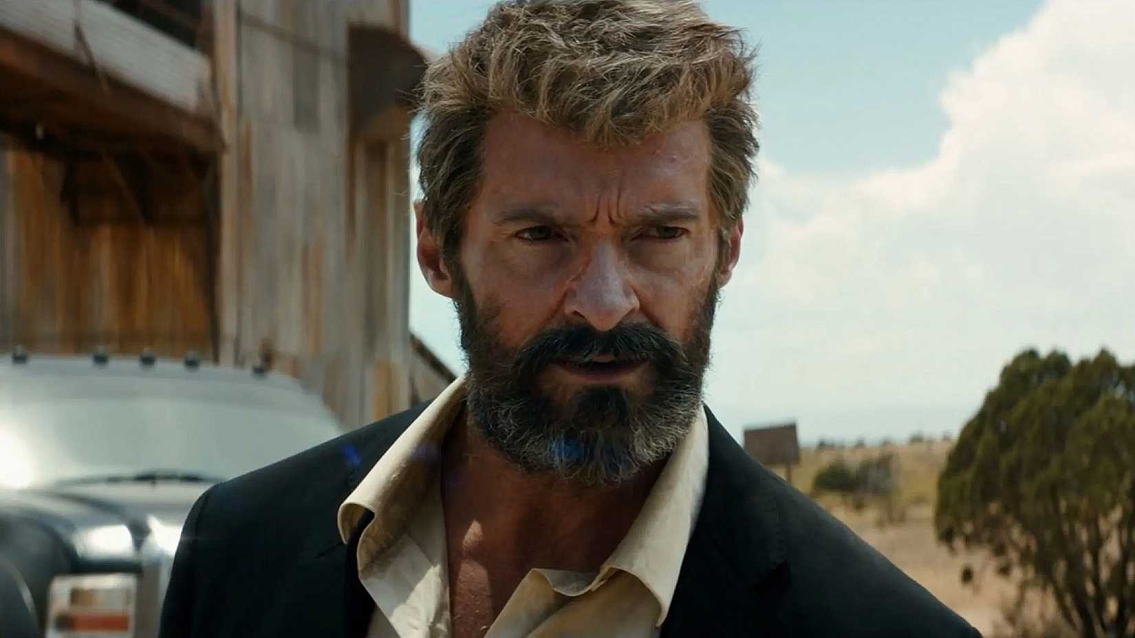 Hugh Jackman looking a little bit worried as Wolverine in Logan.