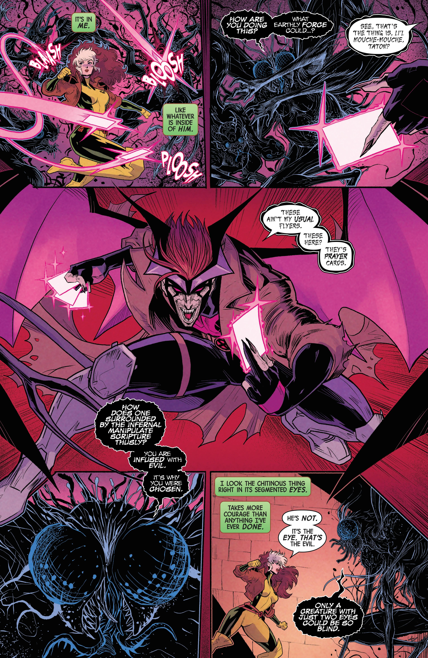 Uncanny X-Men #33 of gambit slinging prayer cards at a demon