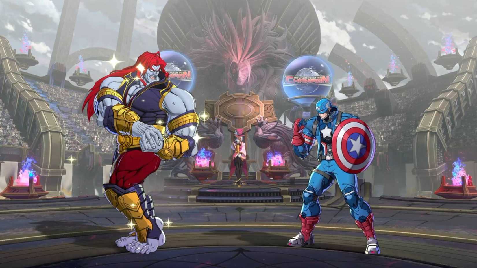 Marvel Tokon Fighting Souls The Champion flexing on Captain America