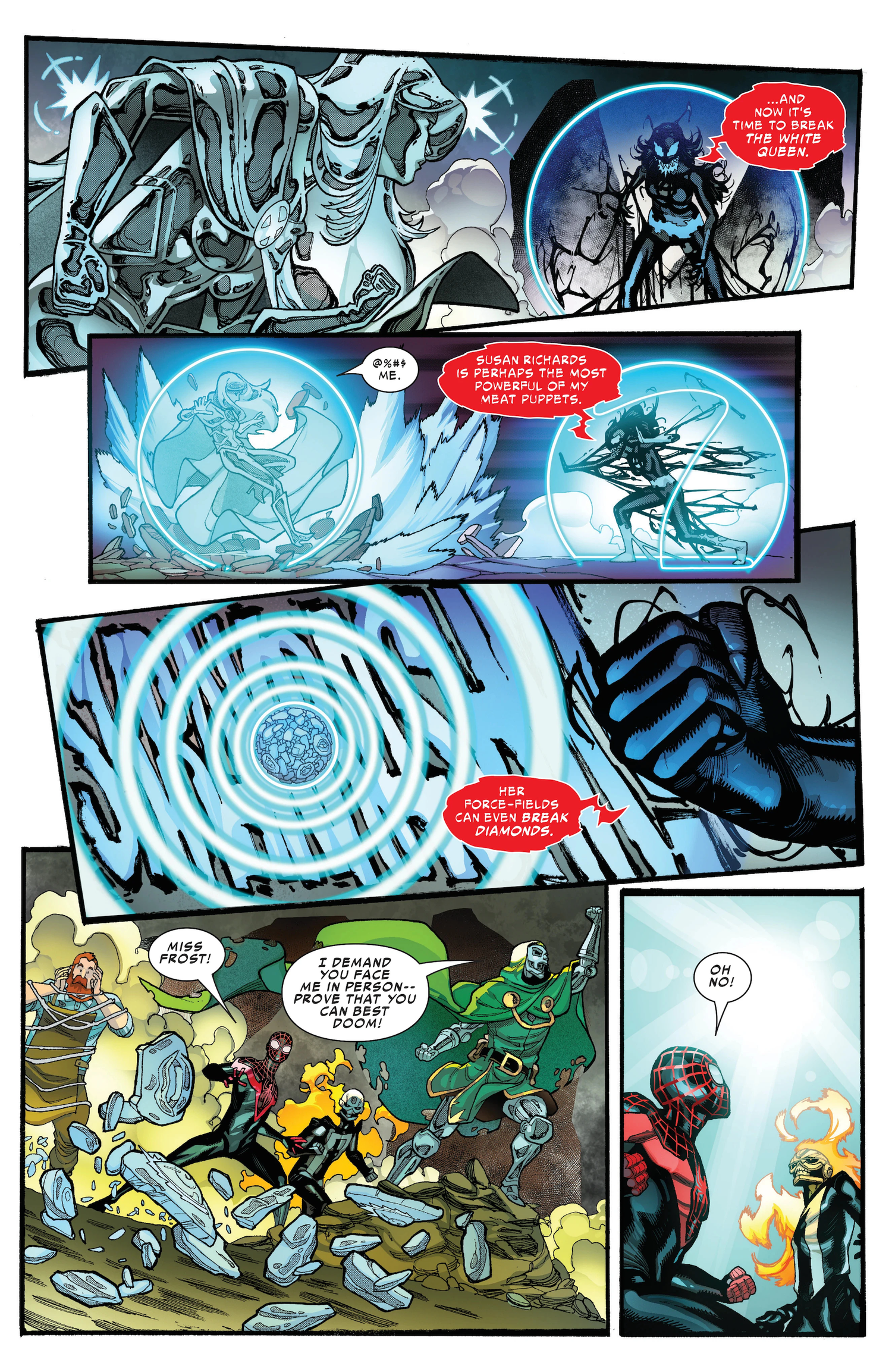 A Knull-controlled Invisible Woman killing Emma Frost by crushing her in a force field