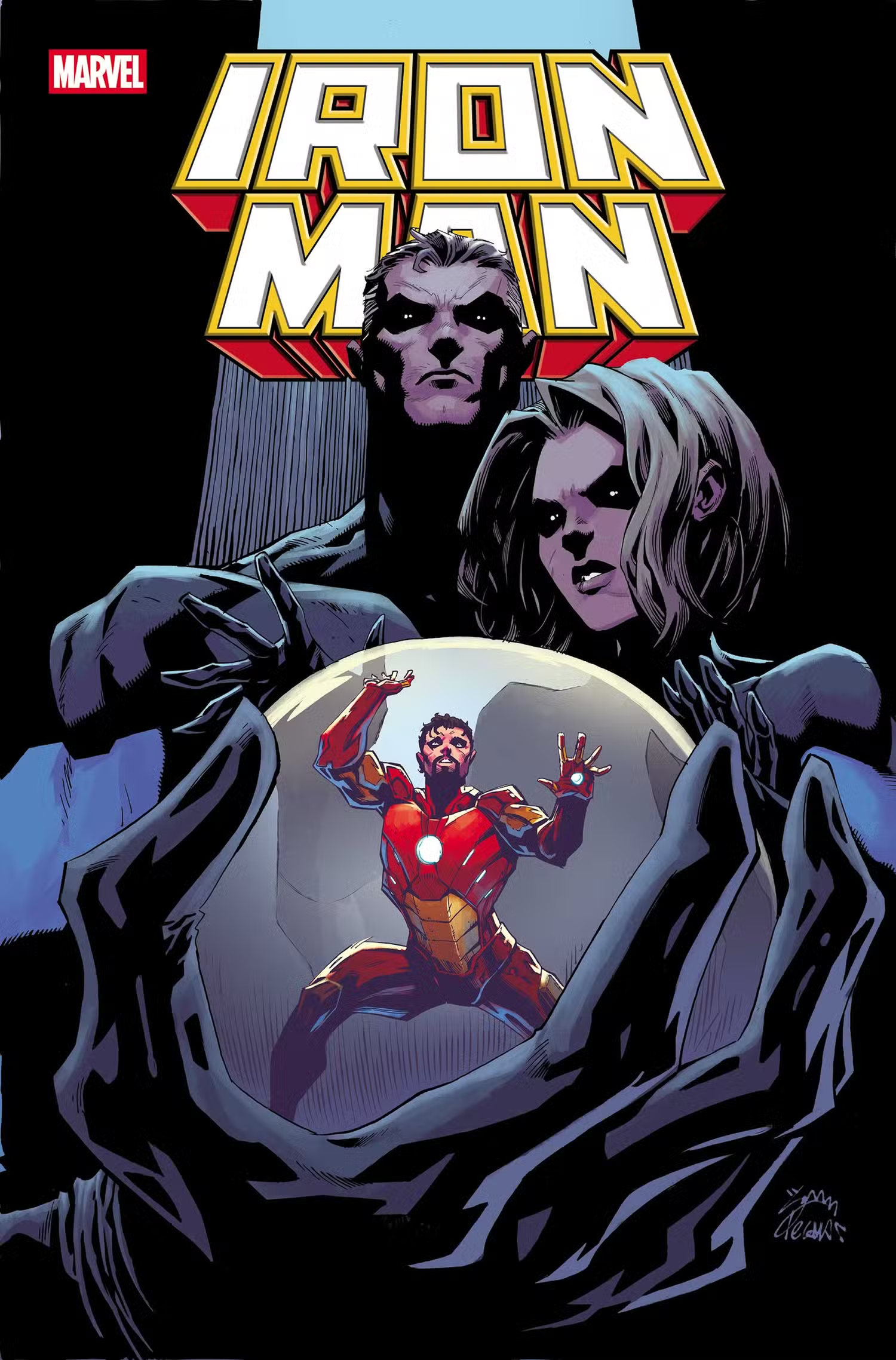 Gigantic Reed and Sue Richards, with Reed holding a small Tony Stark imprisoned inside a transparent sphere