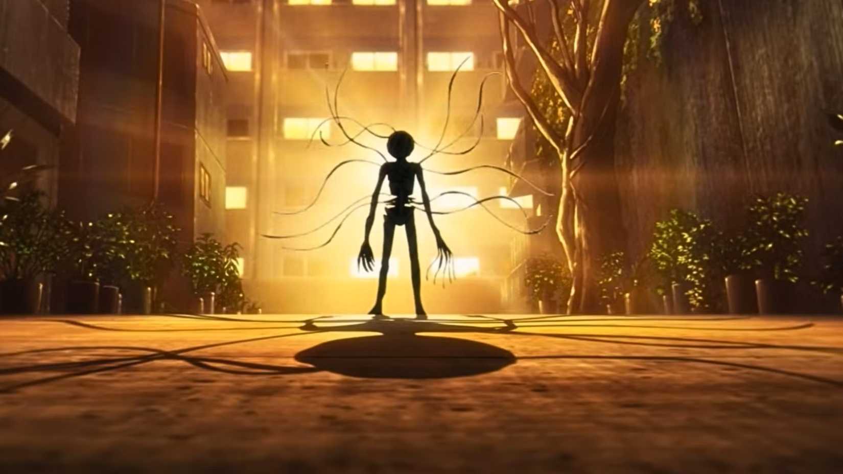 Ivy's silhouette in the shadows with bright light behind him, from the Netflix anime Fool Night