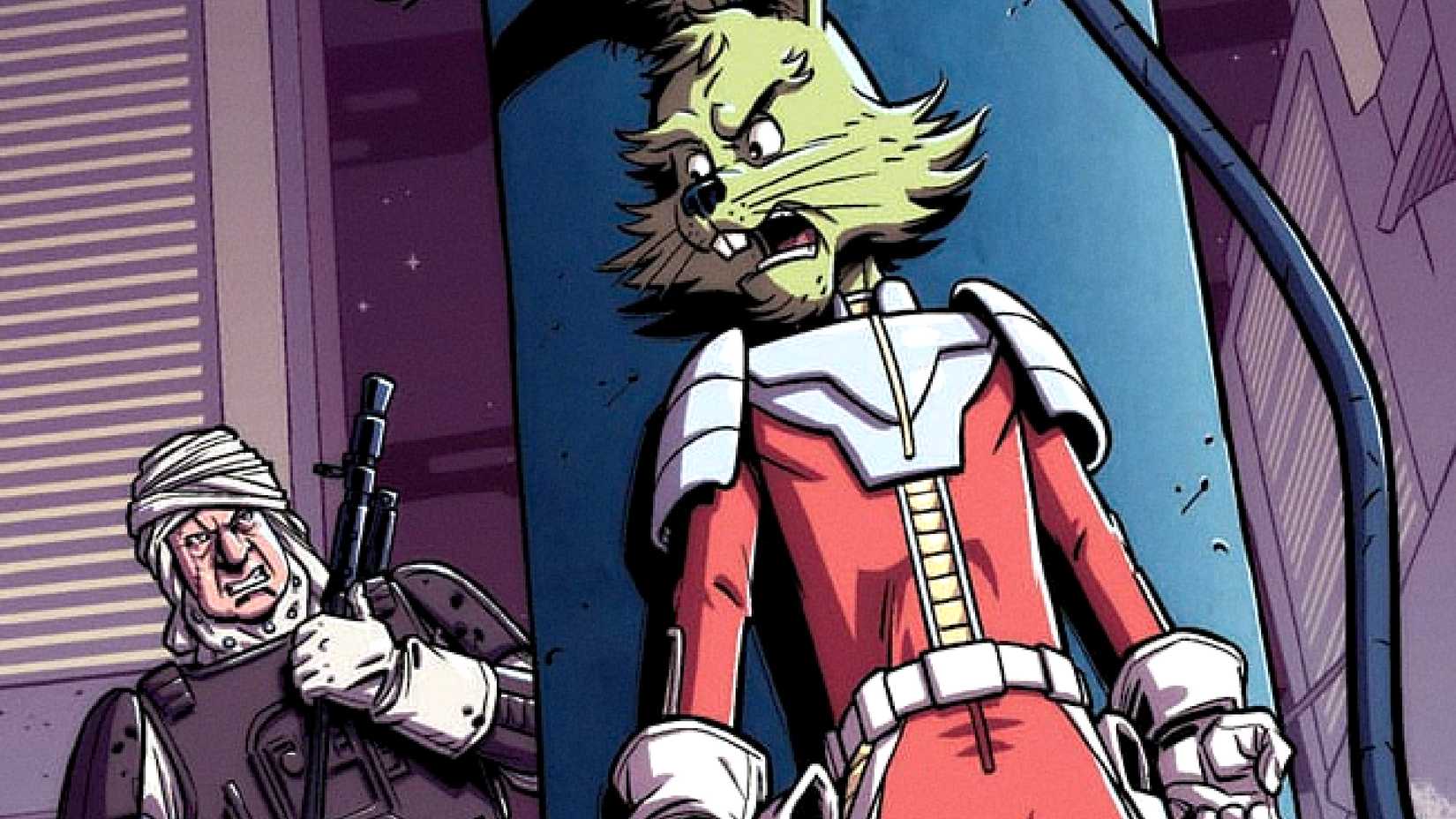 Jaxxon hides behind a column in Star Wars comic cover
