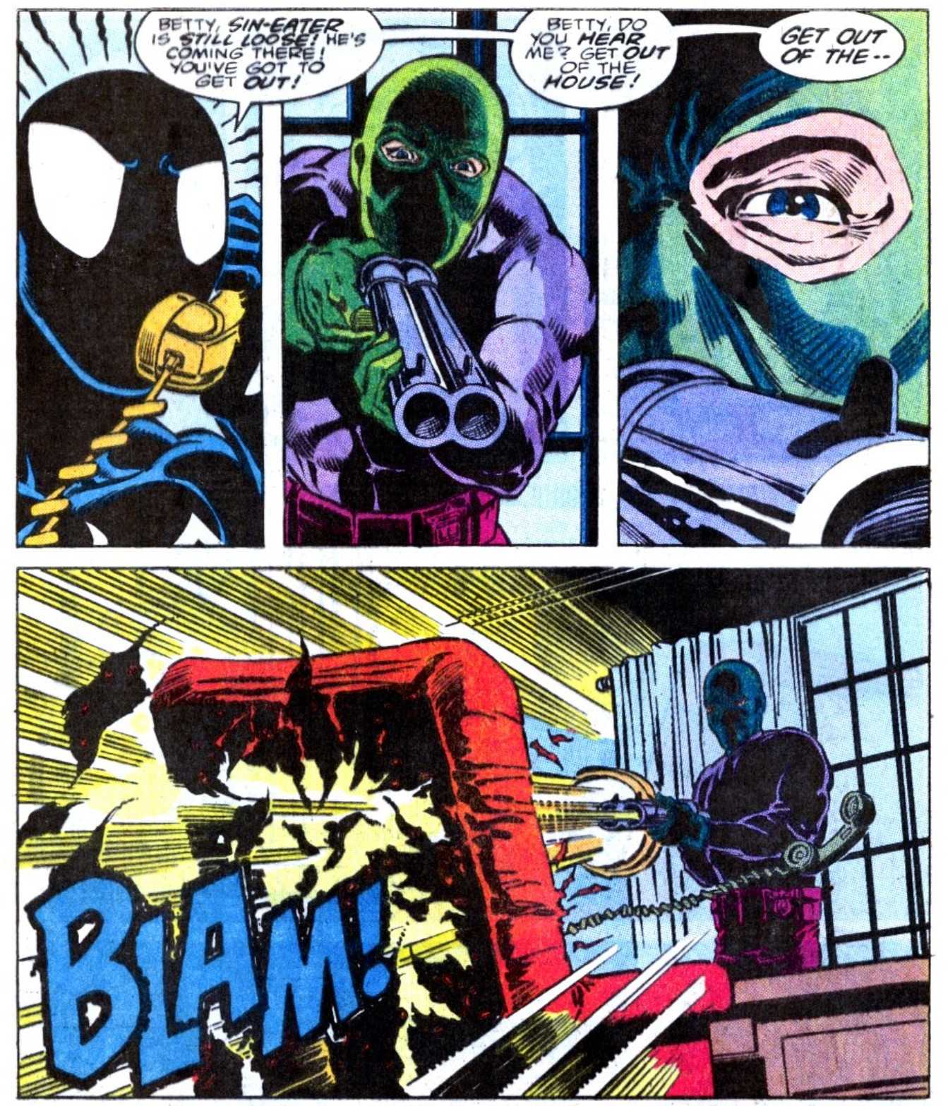 Spider-Man talks to the Sin Eater on the phone just before Sin Eater appears to shoot someone.