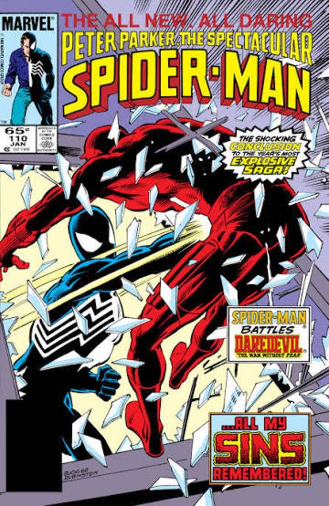 Spider-Man punchesd Daredevil out of a window on the cover of Peter Parker, the Spectacular Spider-Man issue 110.