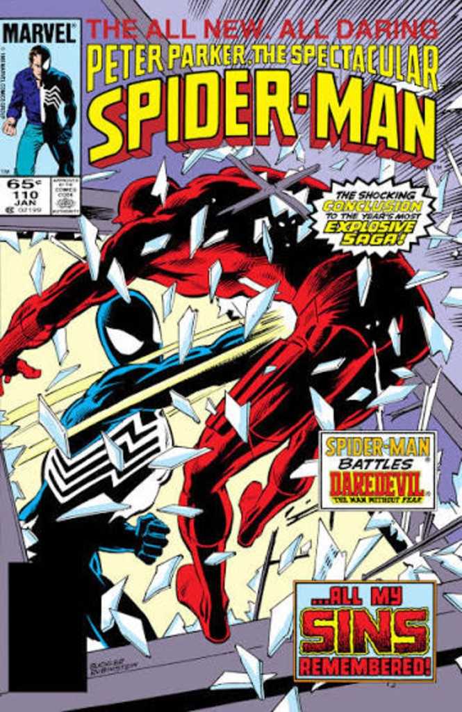 Spider-Man punchesd Daredevil out of a window on the cover of Peter Parker, the Spectacular Spider-Man issue 110.