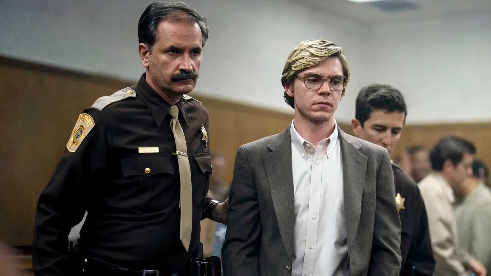 Jeffrey Dahmer appearing in court in Netflix's Monster