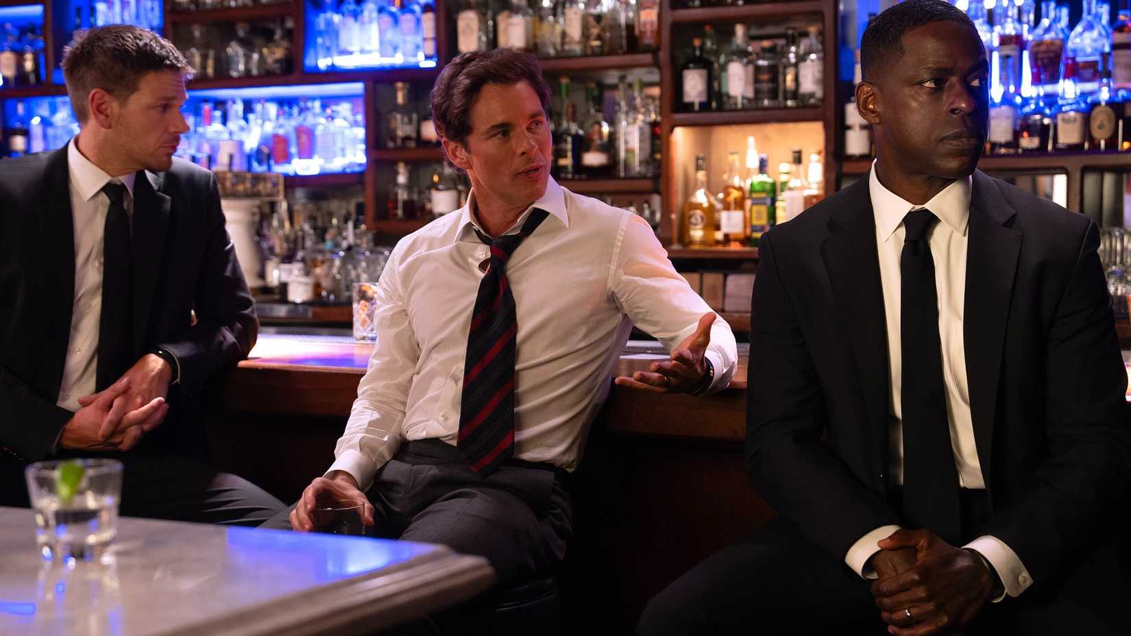 Jon Beavers as Billy, James Marsden as Cal, and Sterling K Brown as Xavier at a bar in Paradise season 1