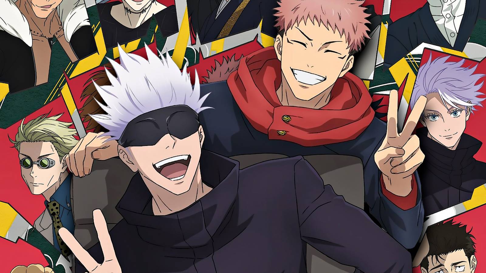 Jujutsu Kaisen Yuji and Gojo showing the peace sign with their fingers.