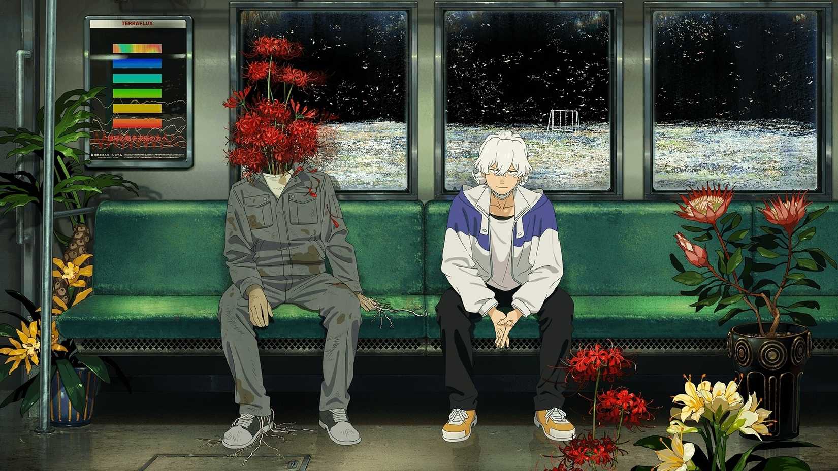 Kamiya Toushiro, from Fool Night, alongside a spiriflora on a subway