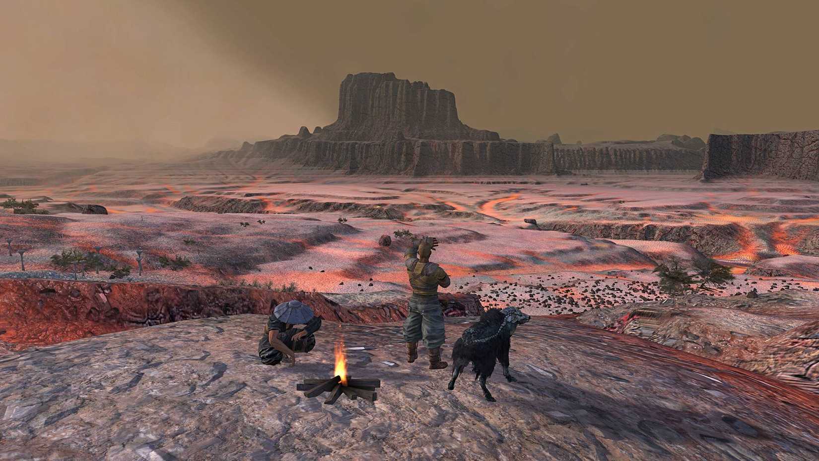 A group of travelers sat near a campfire in Kenshi.