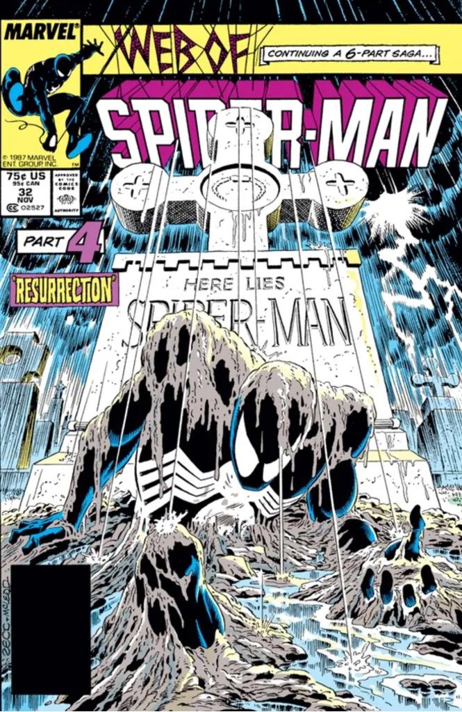 The cover of Web of Spider-Man issue 32 showing Spider-Man rising from his own grave.