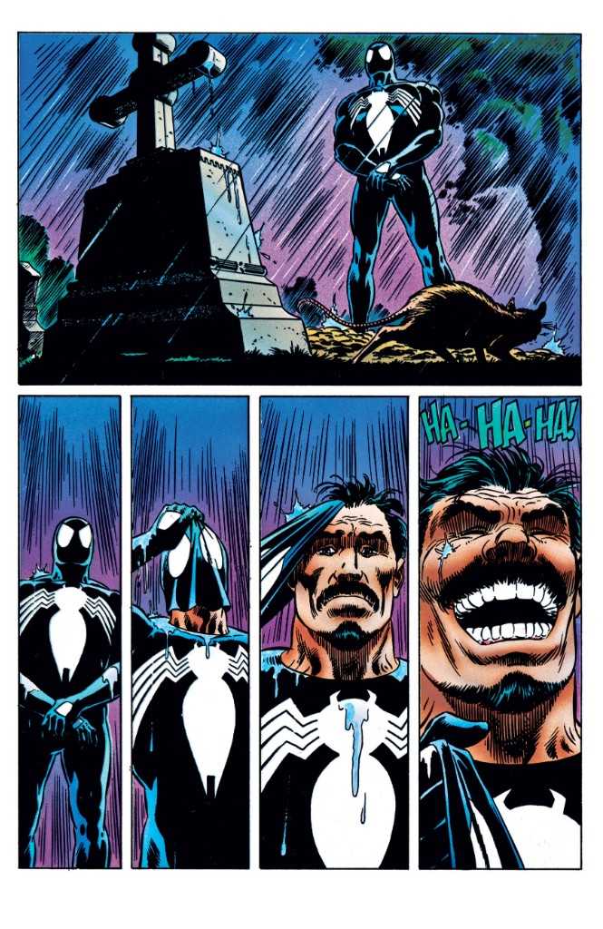 Kraven, dressed as Spider-Man, stands at Spider-Man's grave in the rain. He then takes off the mask and laughs.