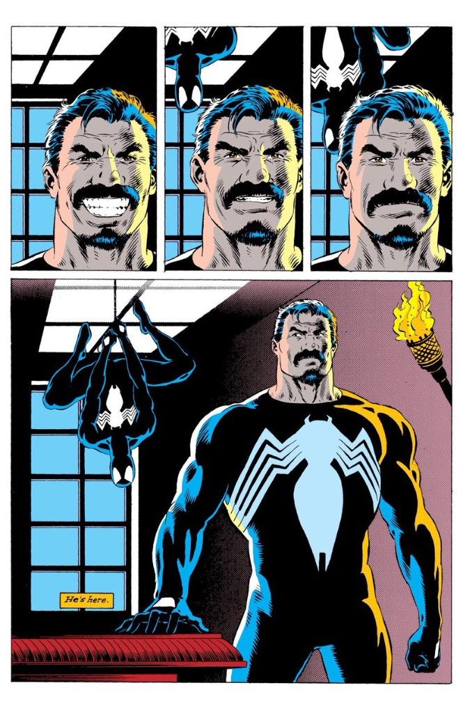 Kraven, wearing Spider-Man's suit, smiles. Slowly, Spider-Man lowers himself from the ceiling behind him. Kraven senses Spider-Man.