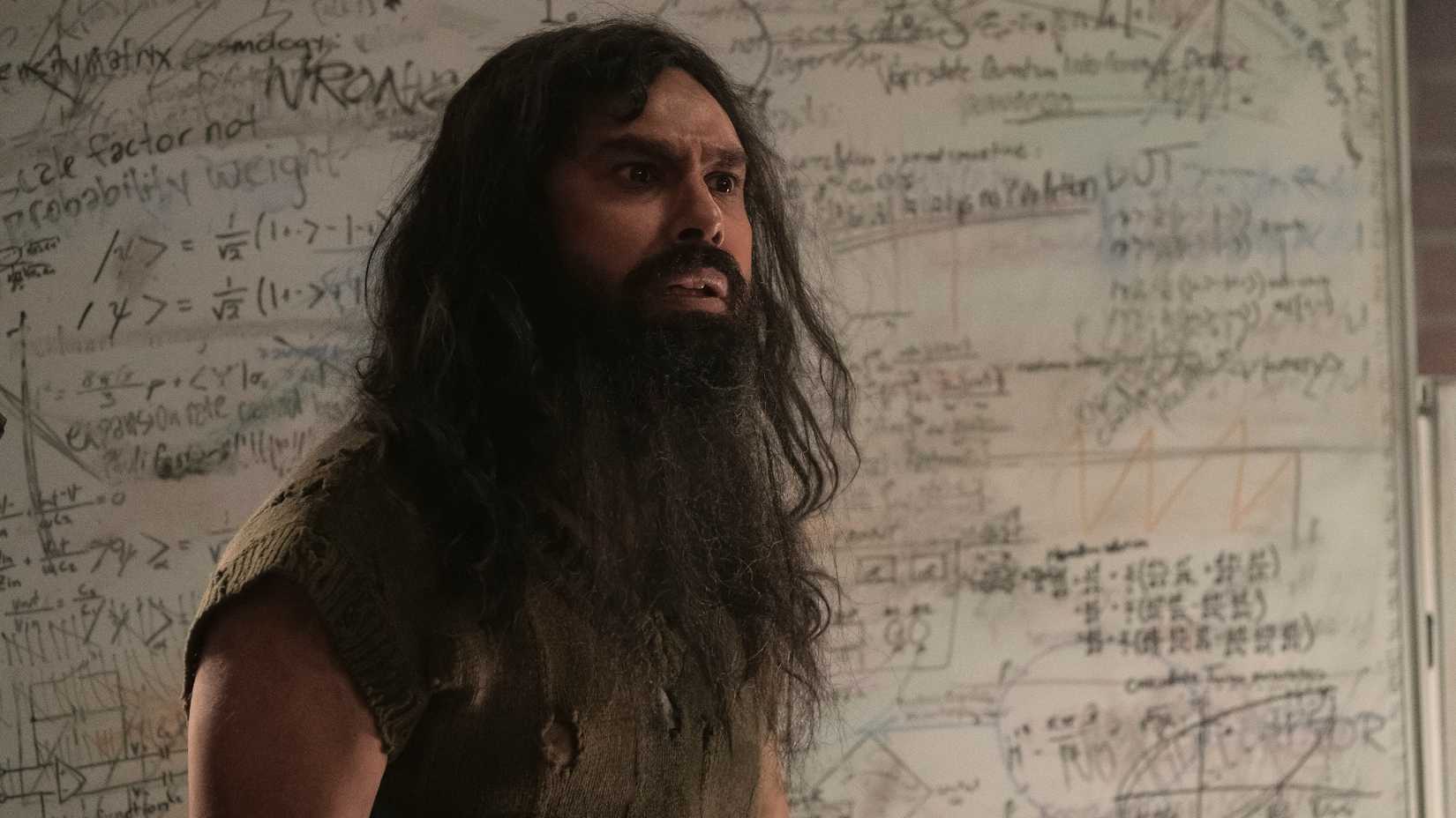 Kunal Nayyar with long hair and a beard in Stuart Fails to Save the Universe