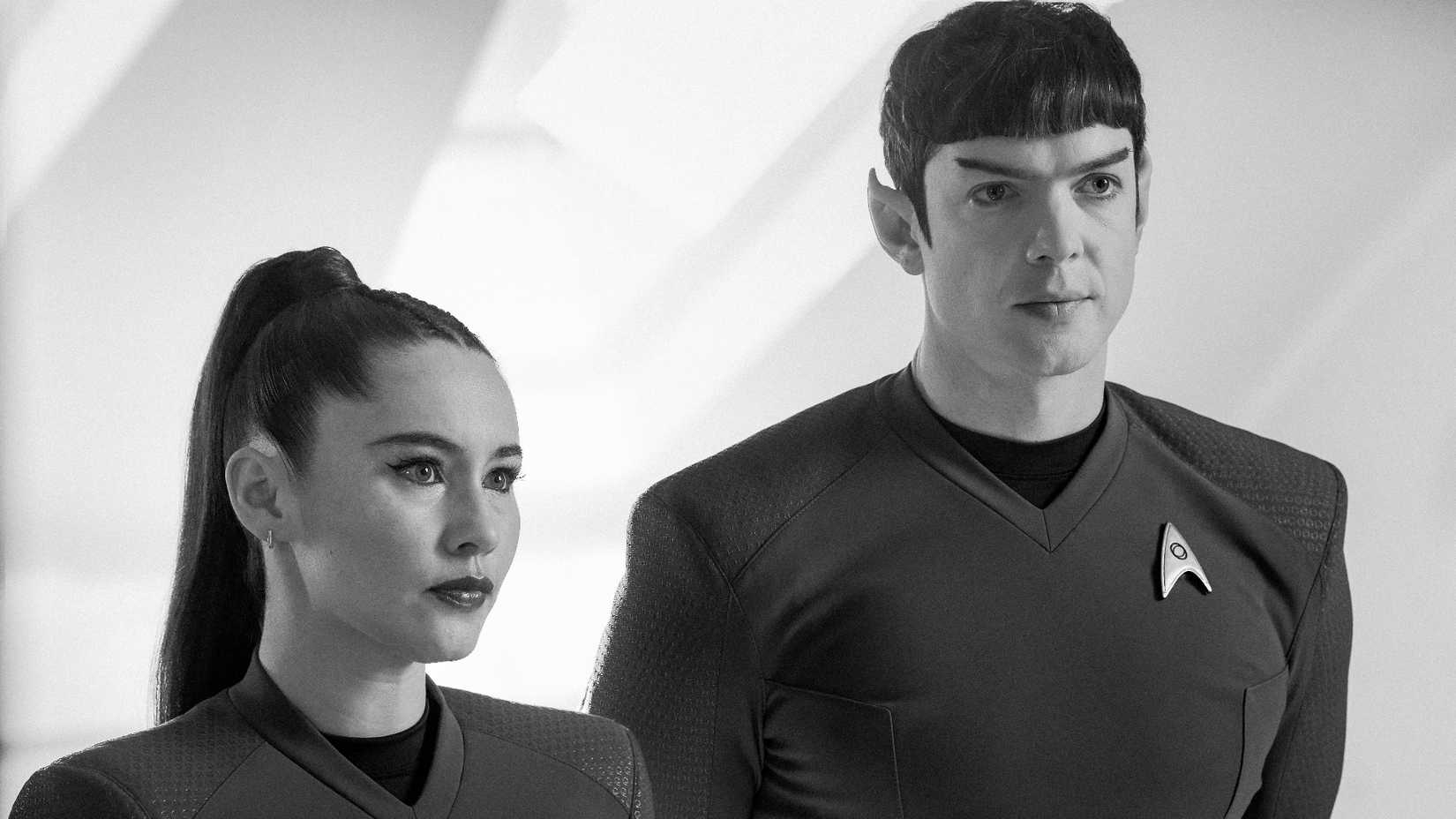 La'an and Spock in black and white