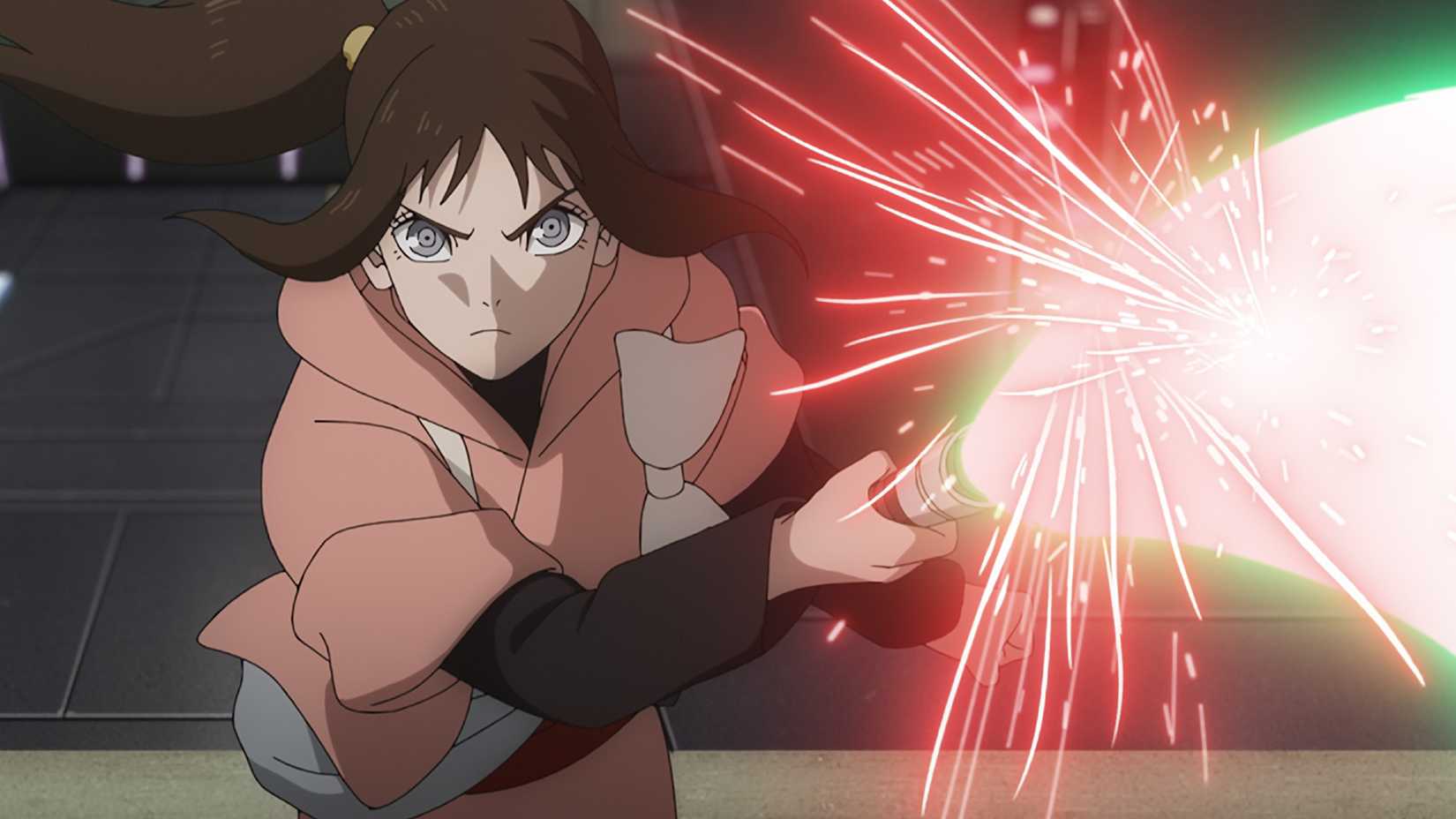 Lah Kara wielding her green lightsaber in Star Wars Visions Presents - The Ninth Jedi