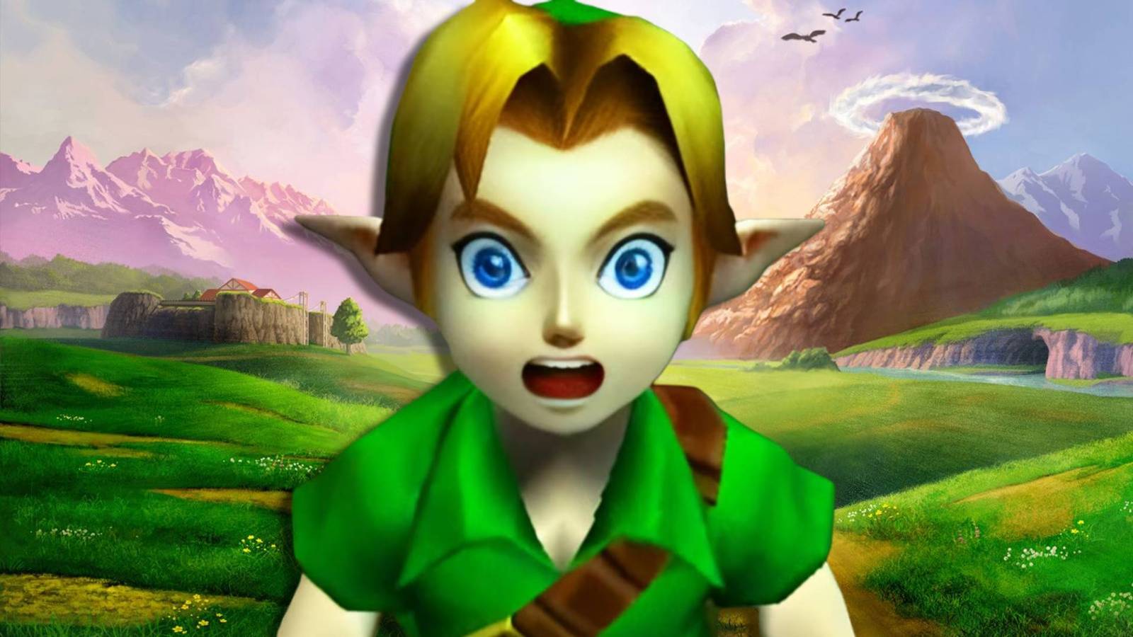 Link looking shocked with art from Ocarina of Time behind him.