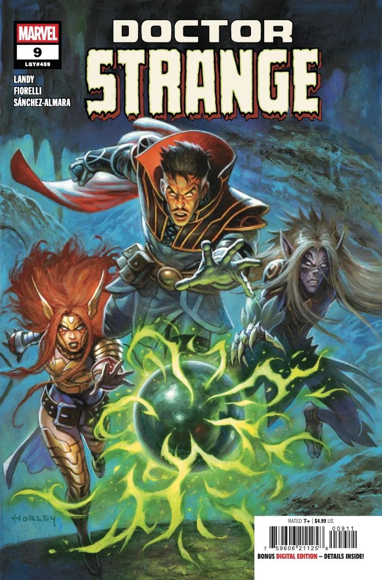 Lord Strange, Angela, and Vyrbodin rush to grab a mystical artifact in Doctor Strange #9 cover